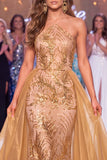 Sparkly Golden Halter Mermaid Sequin Long Gala Dress with Cape