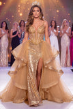 Sparkly Golden Mermaid Corset Ruffled Sequin Long Gala Dress with Slit