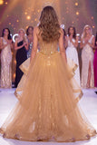 Sparkly Golden Mermaid Corset Ruffled Sequin Long Gala Dress with Slit
