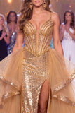 Sparkly Golden Mermaid Corset Ruffled Sequin Long Gala Dress with Slit
