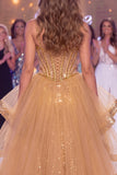 Sparkly Golden Mermaid Corset Ruffled Sequin Long Gala Dress with Slit