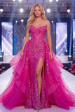 Sparkly Fuchsia Sweetheart Corset Mermaid Sequins Long Gala Dress with Slit