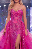 Sparkly Fuchsia Sweetheart Corset Mermaid Sequins Long Gala Dress with Slit