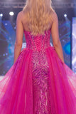Sparkly Fuchsia Sweetheart Corset Mermaid Sequins Long Gala Dress with Slit