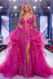 Fuchsia Cold Shoulder Sheer Corset Mermaid Sparkly Gala Dress with Slit