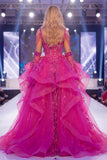 Fuchsia Cold Shoulder Sheer Corset Mermaid Sparkly Gala Dress with Slit