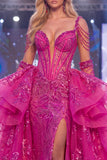 Fuchsia Cold Shoulder Sheer Corset Mermaid Sparkly Gala Dress with Slit