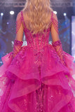 Fuchsia Cold Shoulder Sheer Corset Mermaid Sparkly Gala Dress with Slit