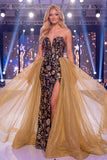 Sweetheart Black Golden Mermaid Sequin Long Gala Dress with Slit