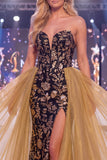 Sweetheart Black Golden Mermaid Sequin Long Gala Dress with Slit