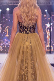 Sweetheart Black Golden Mermaid Sequin Long Gala Dress with Slit