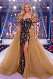 Black Golden Mermaid Puff Sleeves Sequins Corset Long Gala Dress with Slit