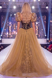Black Golden Mermaid Puff Sleeves Sequins Corset Long Gala Dress with Slit