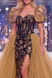 Black Golden Mermaid Puff Sleeves Sequins Corset Long Gala Dress with Slit