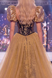 Black Golden Mermaid Puff Sleeves Sequins Corset Long Gala Dress with Slit