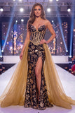 Sparkly Black Golden Sweetheart Corset Mermaid Sequin Long Gala Dress with Slit