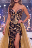 Sparkly Black Golden Sweetheart Corset Mermaid Sequin Long Gala Dress with Slit