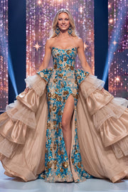 Blue Strapless Mermaid Ruffled Sequins Long Gala Dress with Slit