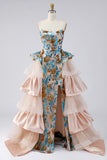 Blue Strapless Mermaid Ruffled Sequins Long Gala Dress with Slit