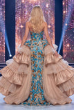 Blue Strapless Mermaid Ruffled Sequins Long Gala Dress with Slit