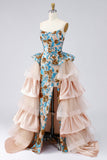 Blue Strapless Mermaid Ruffled Sequins Long Gala Dress with Slit