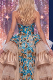 Blue Strapless Mermaid Ruffled Sequins Long Gala Dress with Slit