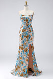 Blue Strapless Mermaid Ruffled Sequins Long Gala Dress with Slit