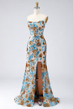 Blue Strapless Mermaid Ruffled Sequins Long Gala Dress with Slit