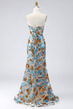 Blue Strapless Mermaid Ruffled Sequins Long Gala Dress with Slit