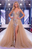 Sparkly Champagne Mermaid Sweetheart Corset Long Gala Dress with Slit