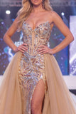 Sparkly Champagne Mermaid Sweetheart Corset Long Gala Dress with Slit