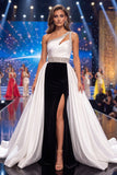 One Shoulder Black and White Mermaid Cut Out  Long Gala Dress with Slit