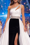 One Shoulder Black and White Mermaid Cut Out  Long Gala Dress with Slit