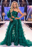 Sparkly Dark Green One Shoulder Sequin Red Carpet Jumpsuit with Ruffles