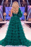Sparkly Dark Green One Shoulder Sequin Red Carpet Jumpsuit with Ruffles