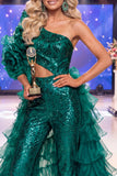 Sparkly Dark Green One Shoulder Sequin Red Carpet Jumpsuit with Ruffles