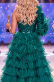 Sparkly Dark Green One Shoulder Sequin Red Carpet Jumpsuit with Ruffles