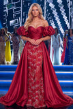 Burgundy Off the Shoulder Mermaid Beaded Long Gala Dress with Cape