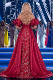 Burgundy Off the Shoulder Mermaid Beaded Long Gala Dress with Cape