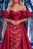 Burgundy Off the Shoulder Mermaid Beaded Long Gala Dress with Cape