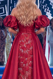 Burgundy Off the Shoulder Mermaid Beaded Long Gala Dress with Cape