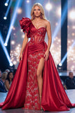 Burgundy One Shoulder Sheer Corset Mermaid Long Gala Dress with Slit