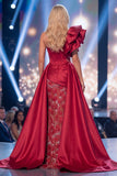 Burgundy One Shoulder Sheer Corset Mermaid Long Gala Dress with Slit