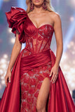 Burgundy One Shoulder Sheer Corset Mermaid Long Gala Dress with Slit
