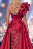 Burgundy One Shoulder Sheer Corset Mermaid Long Gala Dress with Slit
