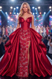 Burgundy Sweetheart Mermaid Corset Sequin Long Red Carpet Dress with Slit