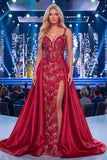 Burgundy Mermaid Corset Beaded Long Red Carpet Dress with Slit
