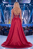 Burgundy Mermaid Corset Beaded Long Red Carpet Dress with Slit