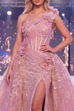 One Shoulder Blush Corset Mermaid 3D Flowers Long Gala Dress with Slit