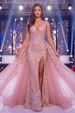 Blush Corset Mermaid Basque Waist Long Gala Dress with Slit